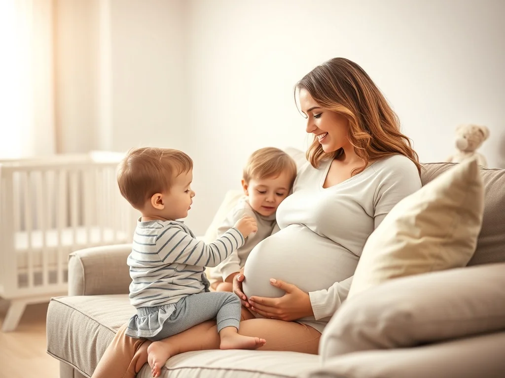 Mama w ciąży tłumaczy ciekawskiemu przedszkolakowi o przyszłym rodzeństwie w ciepłym, przytulnym salonie.