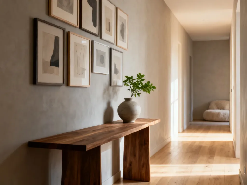 Minimalistyczny przedpokój z drewnianą konsolą, rośliną i galerią abstrakcyjnych obrazów na ścianie w neutralnych barwach.