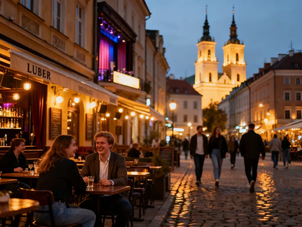 Wieczorny Lublin pełen życia: kawiarnie, bary i teatr, ludzie bawią się przy stolikach na brukowanej ulicy, no text on the picture